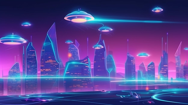 Neon Retrofuturistic Cityscape with Flying Saucers
