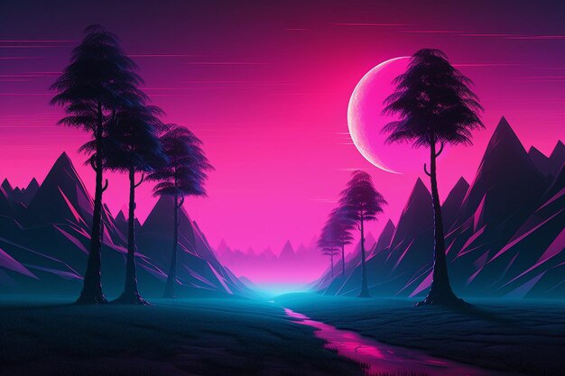 Neon retrowave of synthwave achtergrond met raster en zon generatieve ai