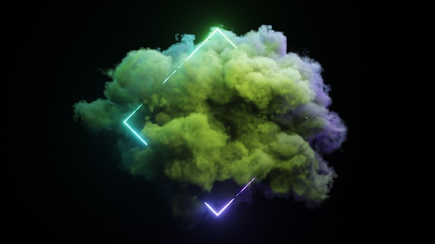 Neon rhombus on a black isolated background A gray cloud is spinning around a rhombus Blue green neon color