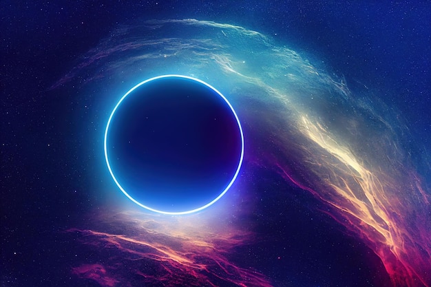 Neon ring in nebula Outer space anomaly abstract background 3d render