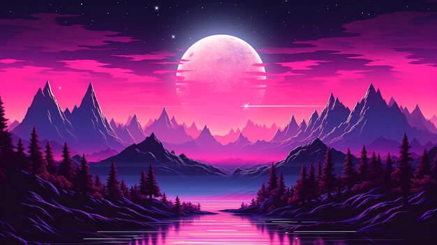 Neon road with sunset in the mountains Futuristic retro landscape of the 80s Ai generated