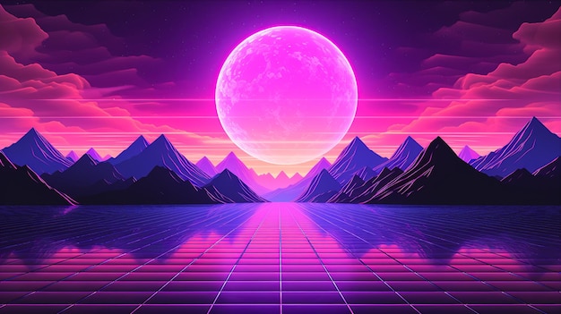 Neon road with sunset in the mountains futuristic retro landscape of the 80s ai generated