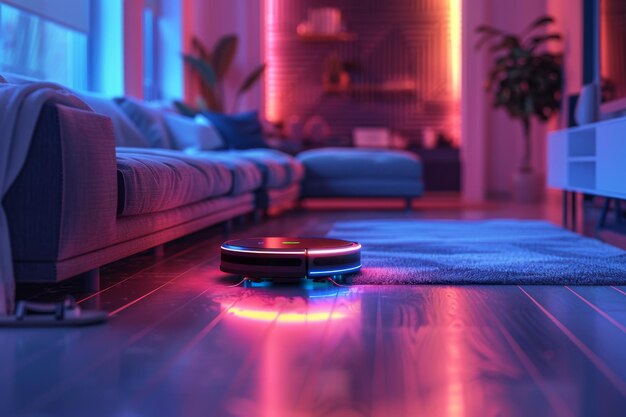 Neon robot vacuum cleaner in interior