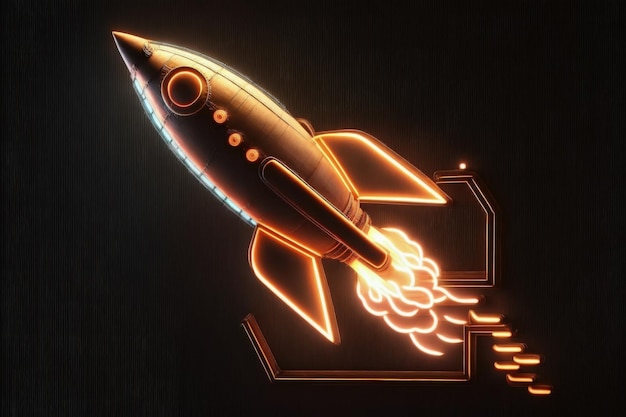 A neon rocket with the word " on it " on the bottom.