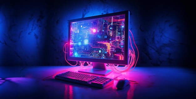 a neon room with a computer screen hd wallpaper