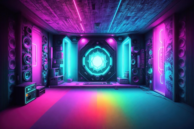 A neon room with a purple and blue neon lights