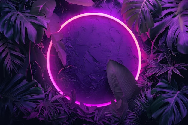 Neon round frame surrounded by tropical leaves