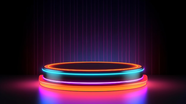 Neon Round Podium with Vibrant Colorful Light Beams AI generated