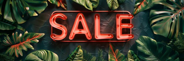 A neon sale sign is amidst tropical plants creating a vibrant display