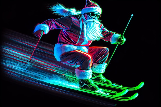 Неоновый Санта-Клаус катается на лыжах Генеративный ИИ Генеративный ИИ
