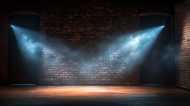 Neon scene empty with smoke and spotlight on brick