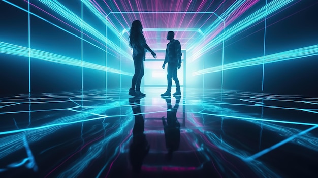 A neon scene with a couple standing in front of a wall that has a neon