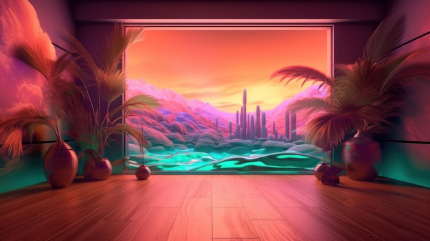 A neon scene with palm trees and a city in the background.