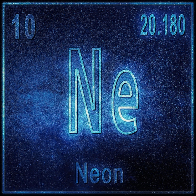 Neon scheikundig element, bord met atoomnummer en atoomgewicht, periodiek systeemelement