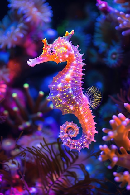 Neon seahorse in coral reef night