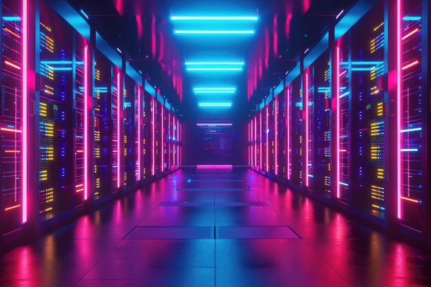 neon server room with futuristic design and technology illustration modern tech and digital art