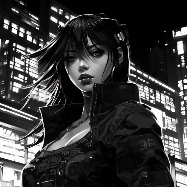 Photo neon shadows a cyberpunk manga panel featuring an anime girl and an illustration of a blackhaired