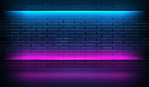 Neon shapes on a dark brick wall. ultraviolet lighting. brick\
wall, concrete floor. 3d illustration