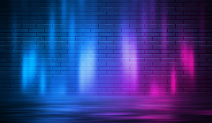 Photo neon shapes on a dark brick wall. ultraviolet lighting. brick wall, concrete floor. 3d illustration