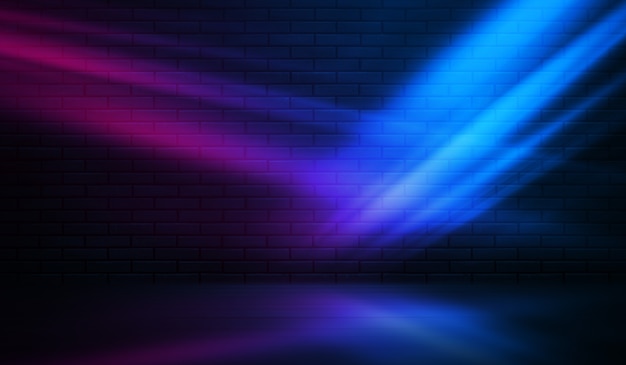 Neon shapes on a dark brick wall. Ultraviolet lighting. Brick wall, concrete floor. 3d illustration