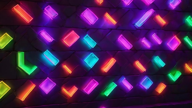 Neon shapes on a dark brick wall ultraviolet lighting brick wall reflection of neon light