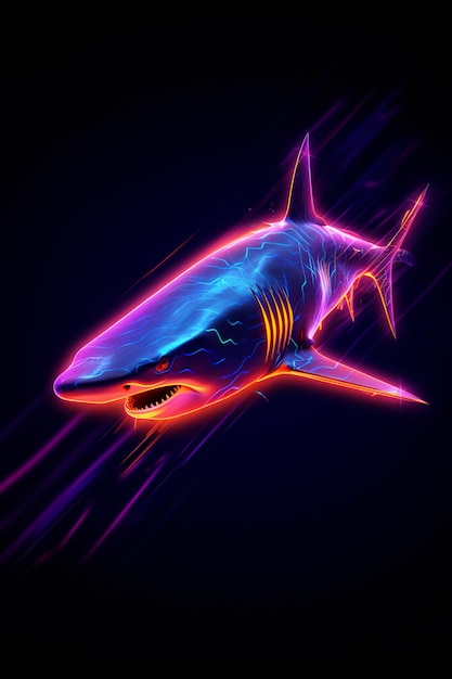 Photo neon shark in the dark generative ai