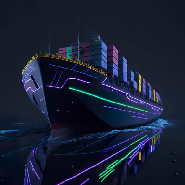 A neon ship with a purple line on the side of it