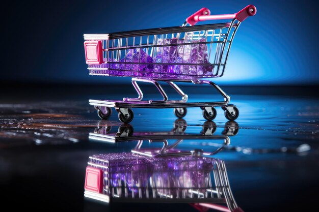 Neon shopping cart on a black background Banner for black friday sales discounts