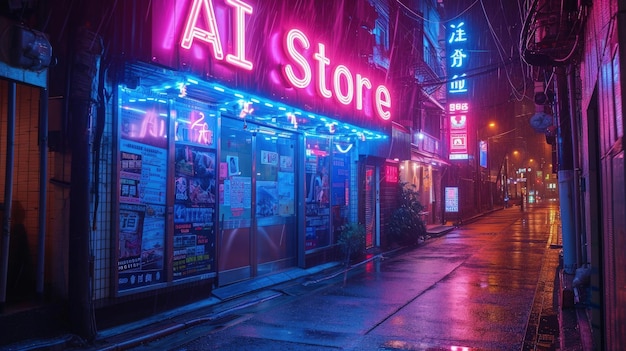 Neon sign of AI Store on dark wet deserted street in rain at night gloomy city buildings with purple and blue light Concept of dystopia cyberpunk shop technology and future