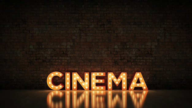 Neon Sign on Brick Wall background - Cinema. 3d rendering