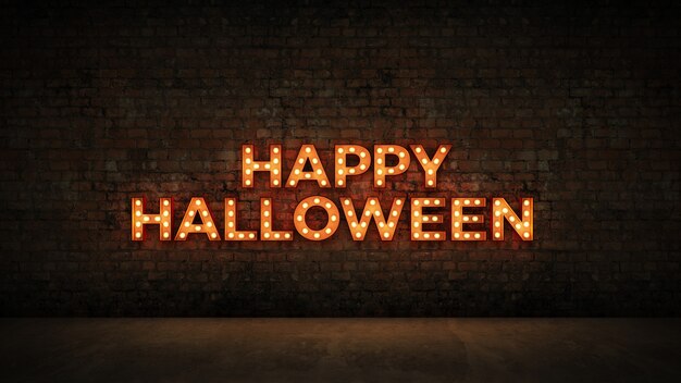 Photo neon sign on brick wall background  happy halloween 3d rendering