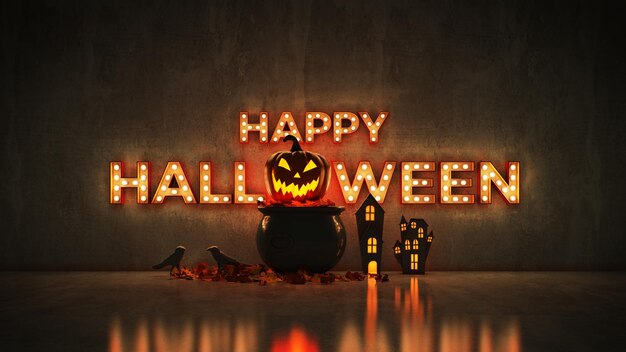 Photo neon sign on brick wall background - happy halloween. 3d rendering