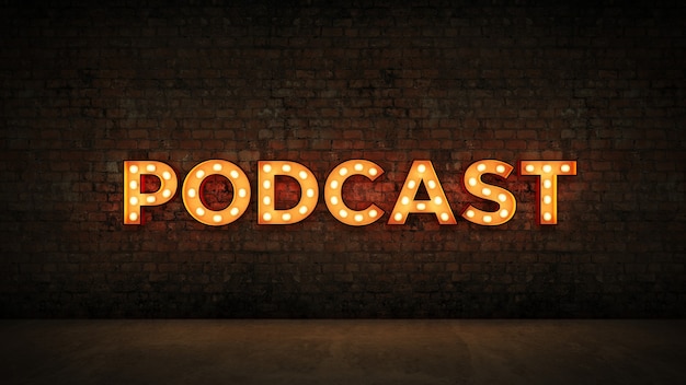 Neon Sign on Brick Wall background  Podcast 3d rendering