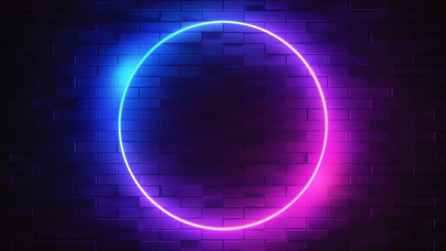 Neon sign on a brick wall. glowing circle. abstract background, spectrum vibrant colors. 3d render illustration.