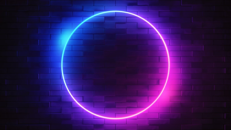 Photo neon sign on a brick wall. glowing circle. abstract background, spectrum vibrant colors. 3d render illustration.