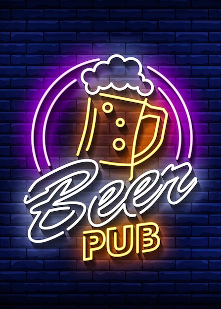 Photo neon sign for a pub with a mug of beer.