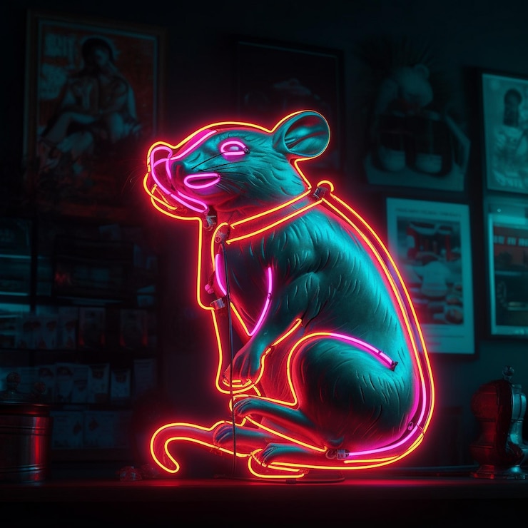 Фотография a neon sign that says a rat with a neon light on it