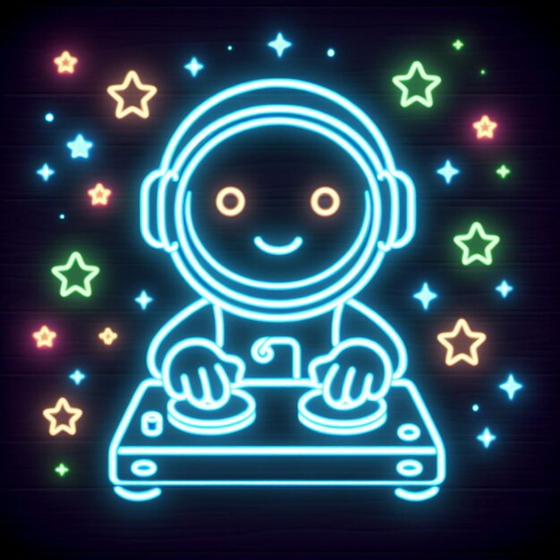 Neon Sign that shows djing astronaut cute only silhouette totally dark background subject neon