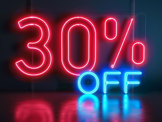 Neon sign of thirty percent off in red and blue on black background