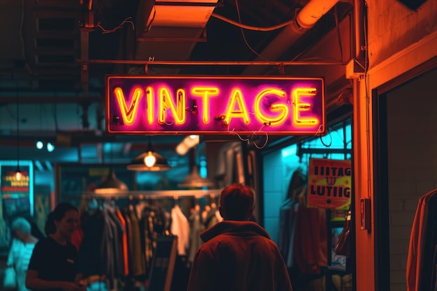 Foto segno al neon di vintage clothing con alcuni clienti che navigano sullo sfondo al mercato