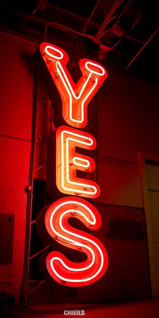 Neon sign on the wall of a building in the city