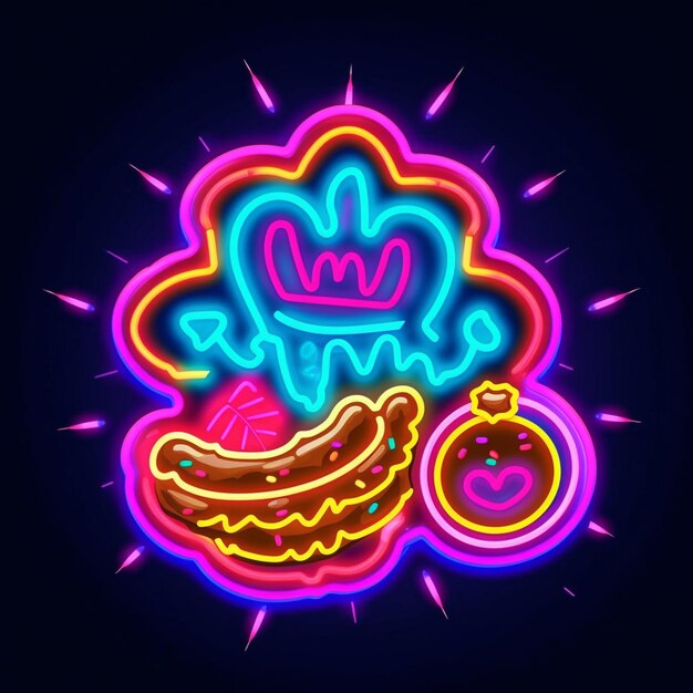 Foto segno al neon con un hot dog e una banana su uno sfondo scuro generativo ai