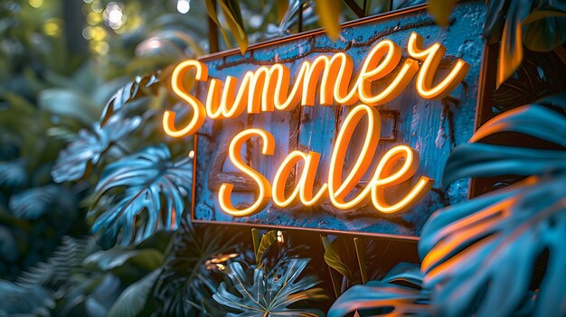 Photo neon sign with the inscription summer sale with palm leaves background ai generate illustration