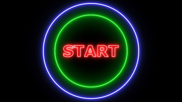 Neon sign with red START text glowing green circle on a black background