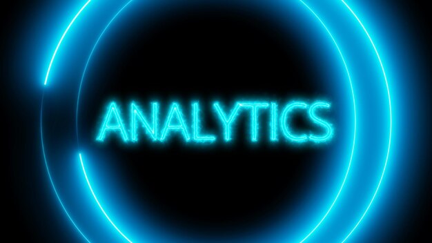 Neon sign with word analytics glowing on a dark background