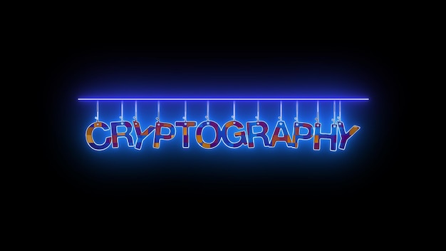 Neon sign with word CRYPTOGRAPHY in blue and red on a dark background