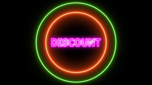 Neon sign with word DISCOUNT pink circle of green and red on a black background