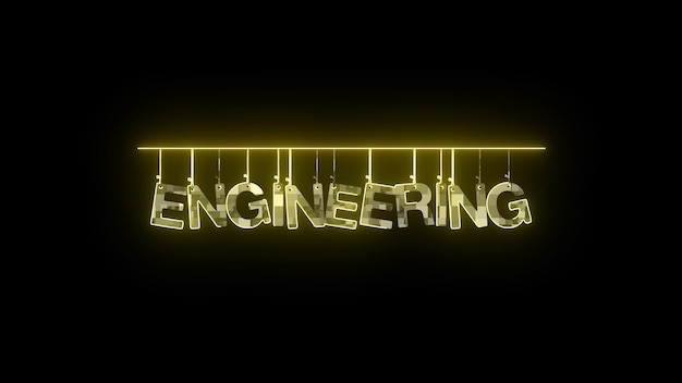 Neon sign with the word ENGINEERING glowing in yellow on a dark background