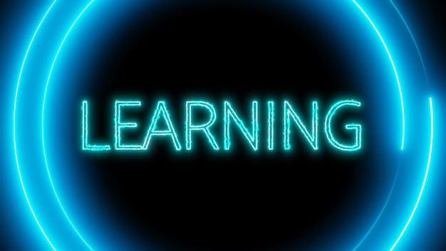 Neon sign with word LEARNING glowing in blue light on a dark background