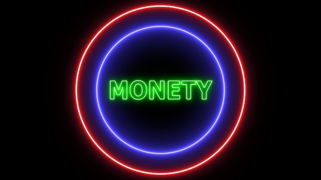 Neon sign with word MONEY glowing red and blue lights on a black background